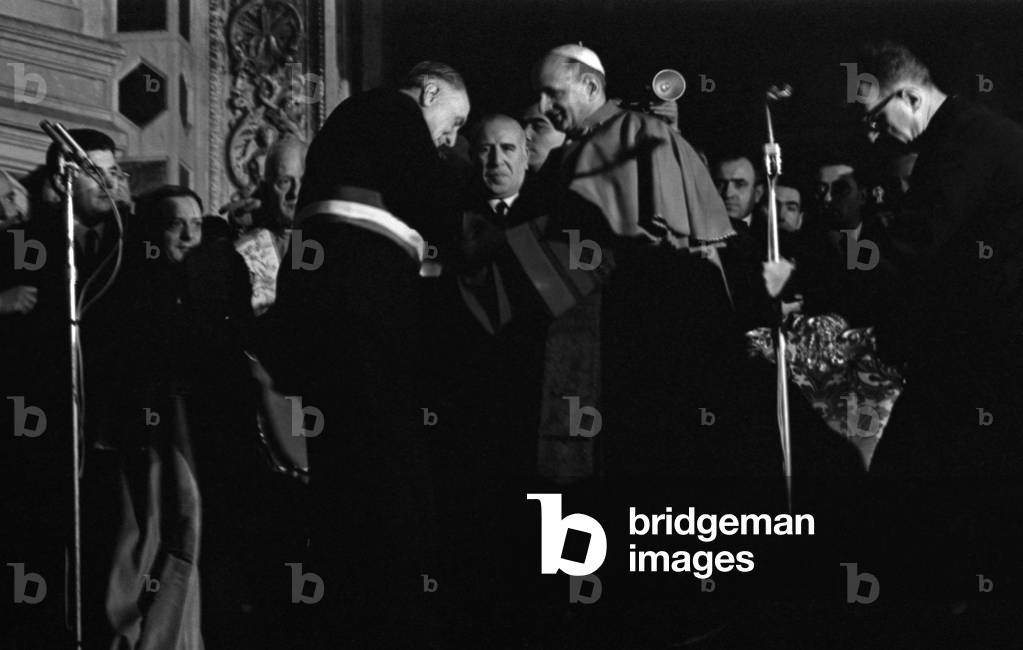 Italian pope Paul VI (Giovanni Battista Enrico Antonio Maria Montini) celebrating the Christmas Mass at Basilica of Santa Croce, Florence, 24th December 1967 (b/w photo)