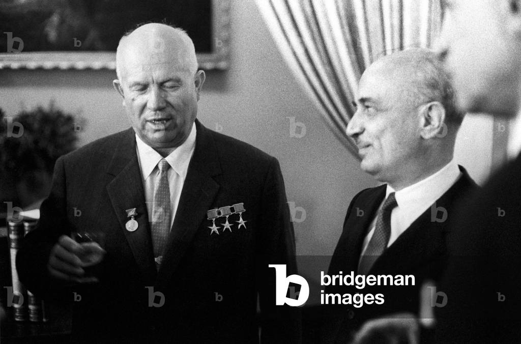Amintore Fanfani with Nikita Khrushchev, 1961 (b/w photo)
