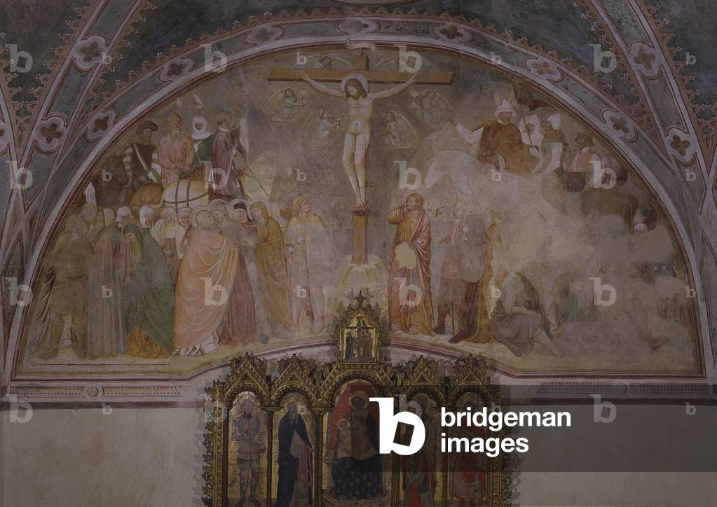 Crucifixion, attributed to the Master of Velo d'Astico or Luca da Vicenza, 14th century, fresco.