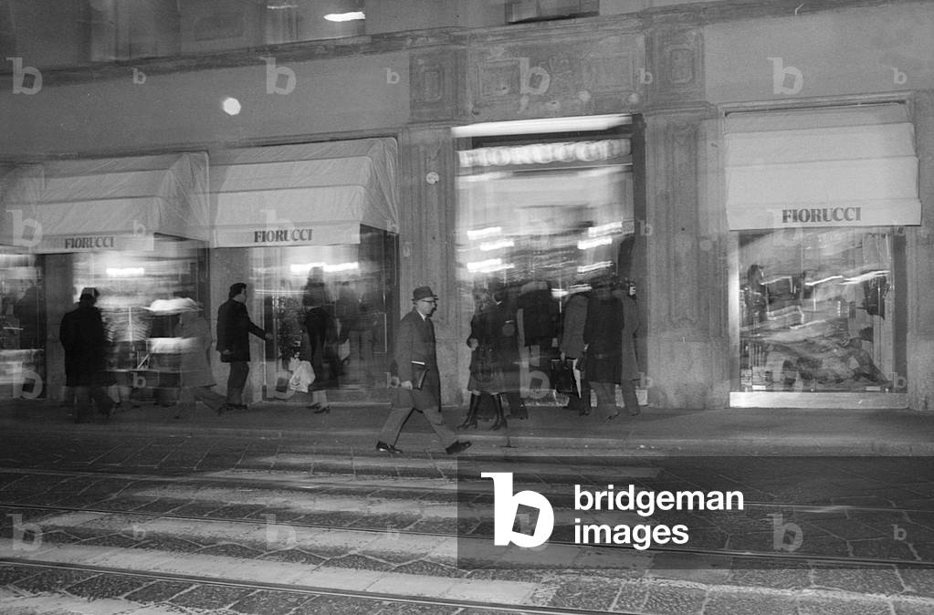 Fiorucci Store windows on via Torino, Milan, Italy, 1975 (b/w photo)