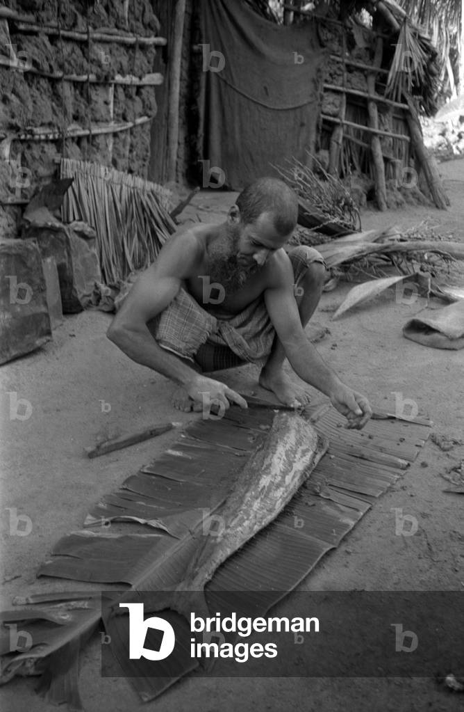 A man cleaning fish, Zanzibar, October 1958 (b/w photo)