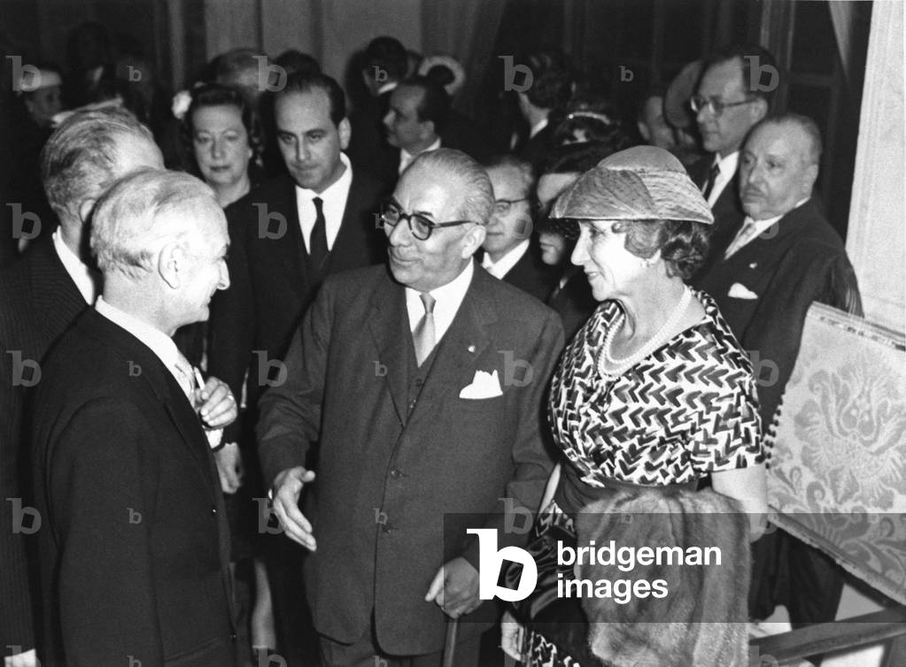 Arnoldo Mondadori and his wife greeting Antonio Segni, Rome, Italy