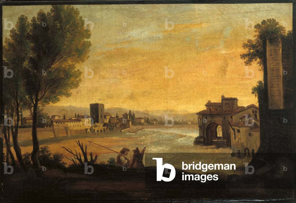 Sight of the Arno Bench and of the Zecca Vecchia (Veduta del Lungarno della Zecca Vecchia), by Unknown Florentine Artist of the first quarter of the 19th Century, 1800 - 1825, 19th Century, oil on canvas
