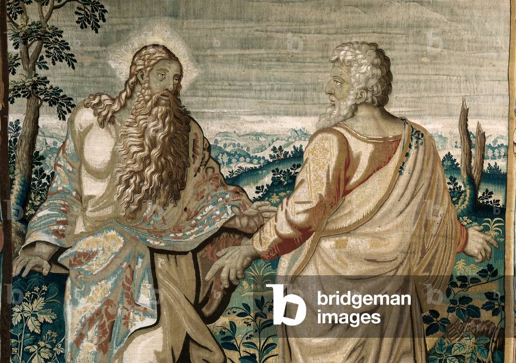 Noah's Stories. The Lord appearance to Noah, by Gilam Van Cortenberg's Manifacture, 1650 - 1660, 17th Century, woll and silk tapestry, with a warp made of 8 threads per cm