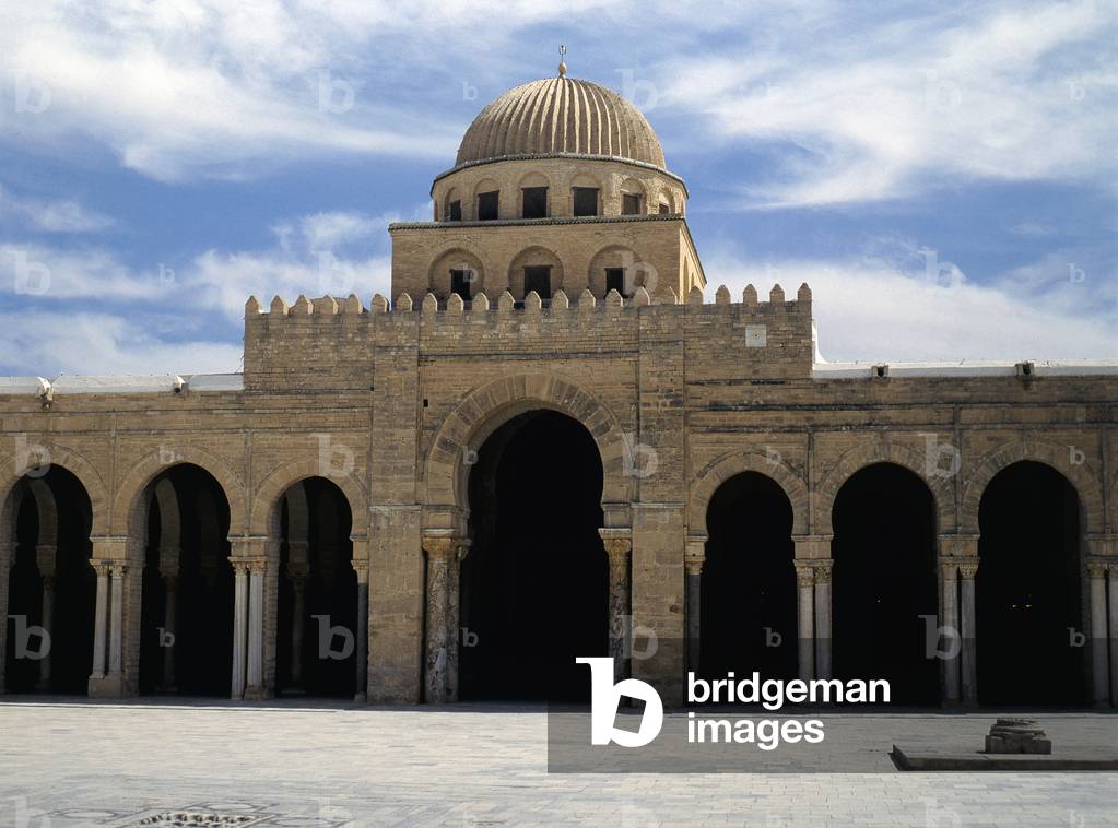 Outside of Prayer Hall at Kairouan's Great Mosque, by Aghlabid craftmen, from 836, 9th century, Kairouan, Tunisia (brickwork and stones)