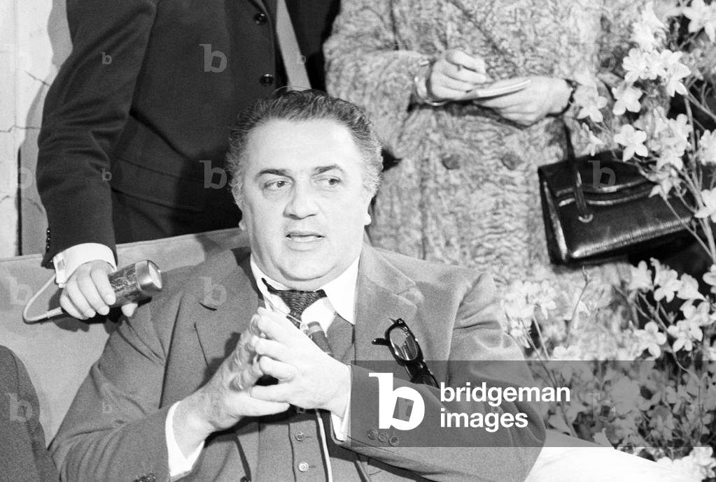 Federico Fellini during a press conference, Italy, 1969 (b/w photo)