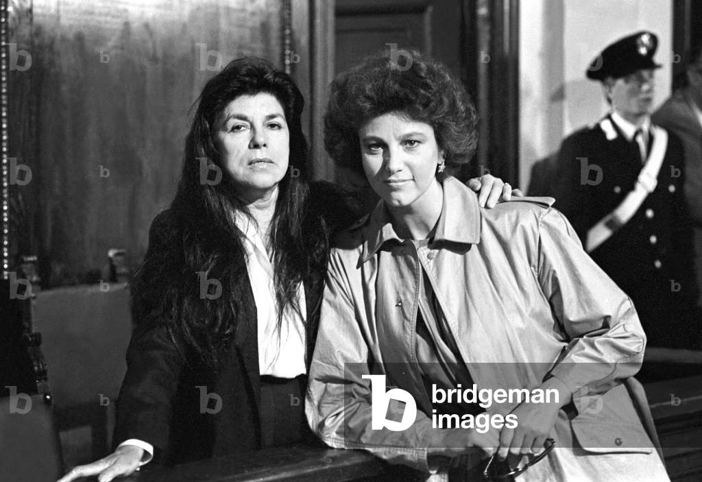 Stefania Sandrelli and Berta Dominguez D. on the set of the film Mamma Ebe, Italy, 1985 (b/w photo)