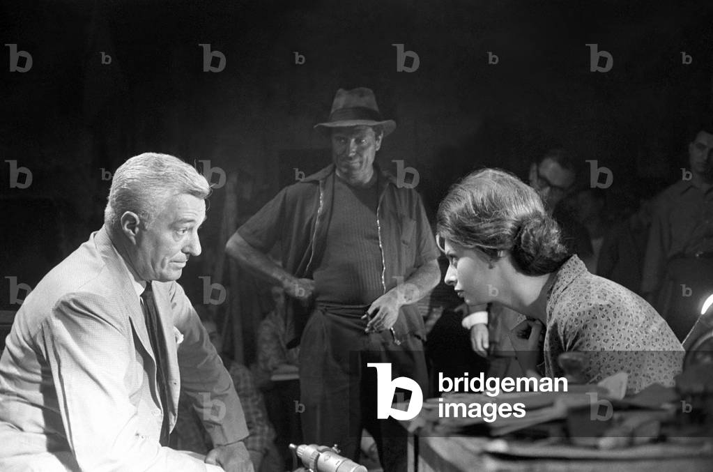 Vittorio De Sica, Raf Vallone and Sophia Loren on the set of Two Women, Italy, 1960 (b/w photo)