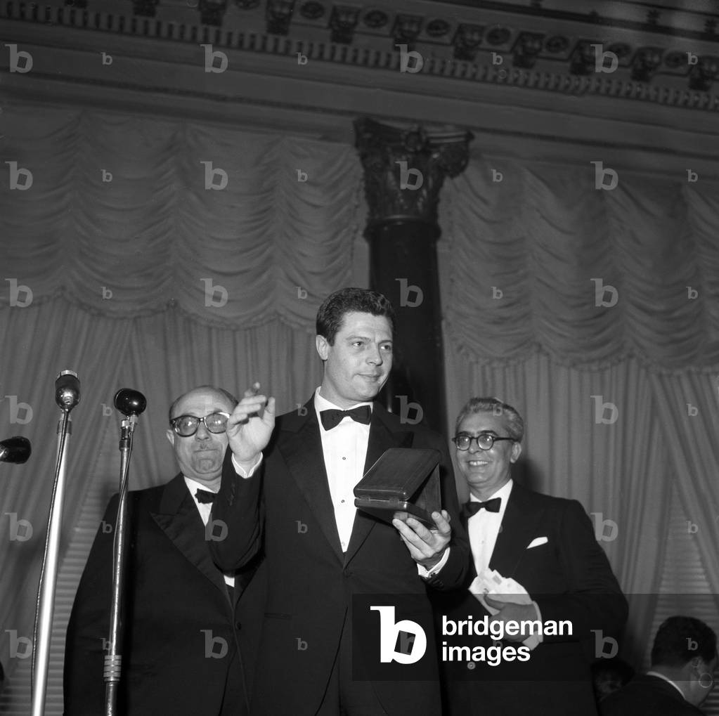 Marcello Mastroianni at the Nastri d'Argento awarding ceremony, Italy, 1956 (b/w photo)