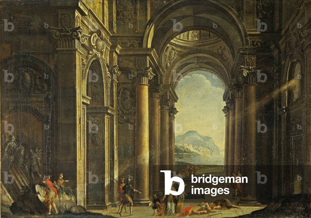 Perspective of a porch with mythological scene, by Unknown Emilian Artist, 1750, 18th Century, oil on canvas