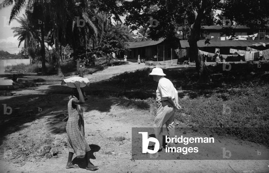 Albert Schweitzer in an African village, Lambaréné, Gabon, 1961