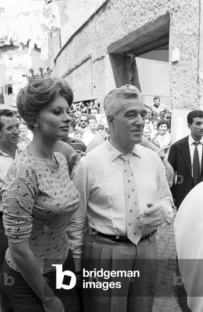 Vittorio De Sica and Sophia Loren on the set of It Started in Naples, Italy, 1960 (b/w photo)