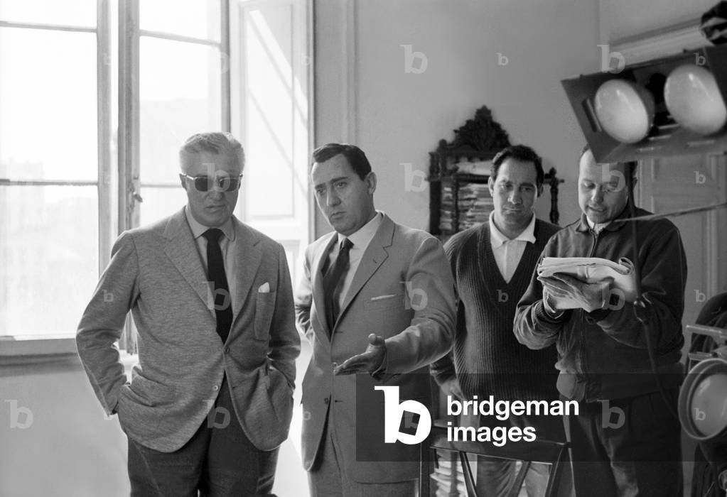 Vittorio De Sica and Alberto Sordi on the set of Il boom, Italy, 1963 (b/w photo)