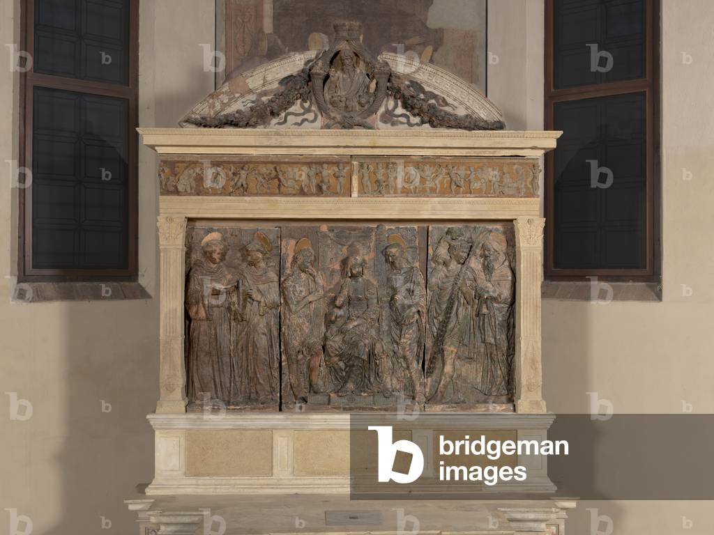 Holy Conversation, by Nicolò Pizzolo, 15th Century, terracotta bas-relief bronze coated