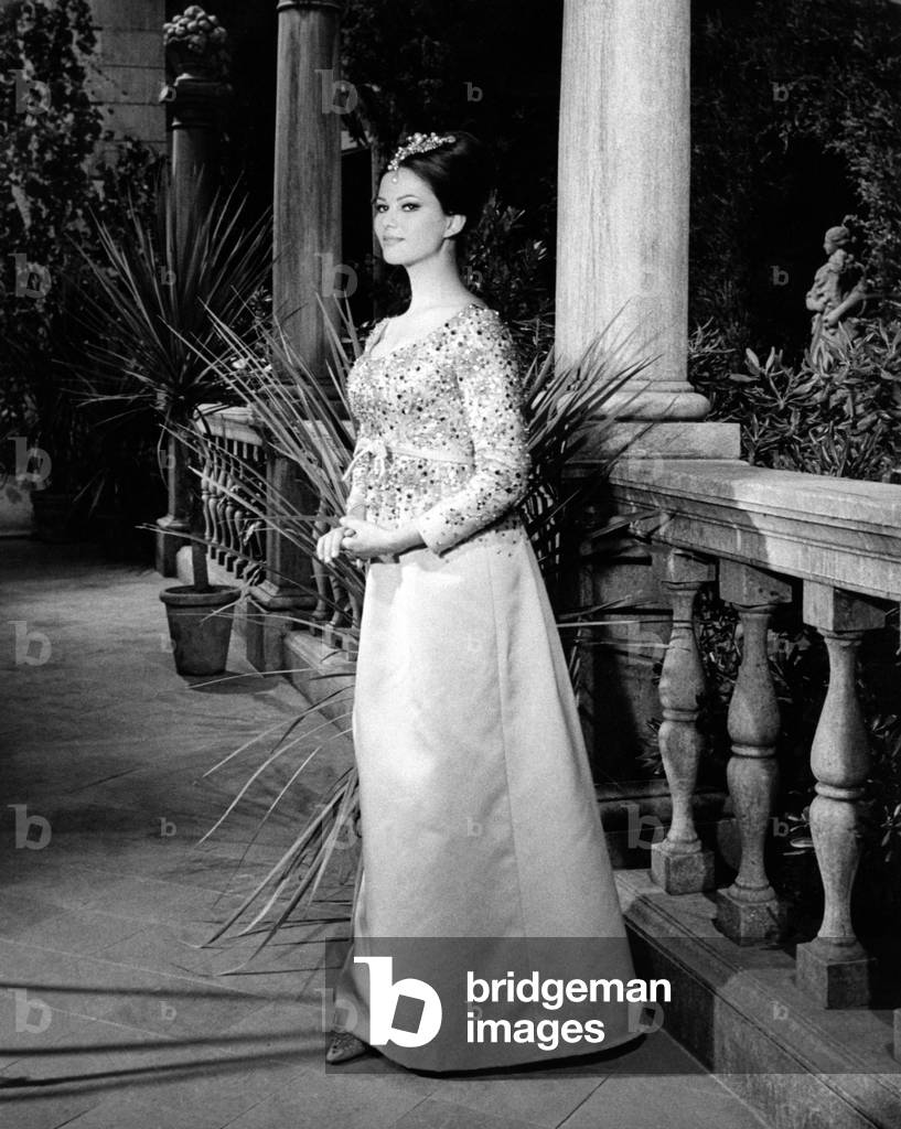 Claudia Cardinale in a scenic dress, 1963 (b/w photo)