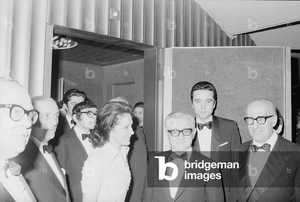 Giovanni Leone, his wife Vittoria and Mariano Rumor at the inauguration of the Teatro Regio in Turin, Italy, 1973 (b/w photo)