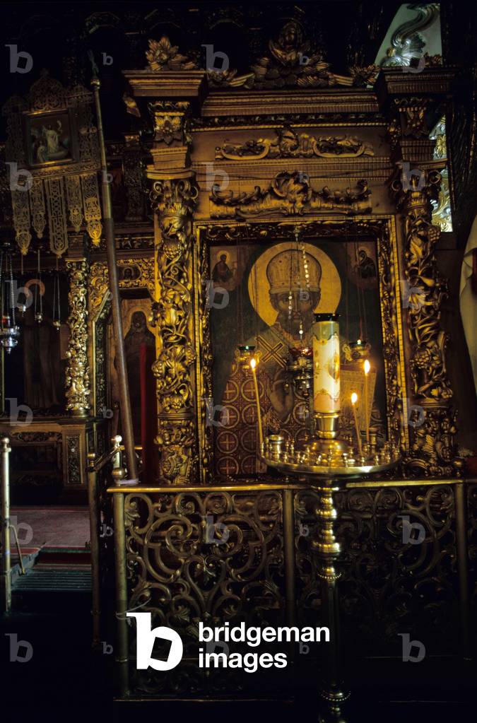 The painted icon of a Saint within the Holy Trinity Cathedral in Zagorsk, Zagorsk, Russian Federation