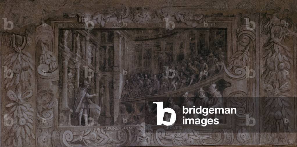 Embassy of Japanese Ambassadors in Olympic Theatre, July 1585 (Il saluto ai legati giapponesi nel Teatro Olimpico nel luglio 1585), 1595, 16th Century, fresco