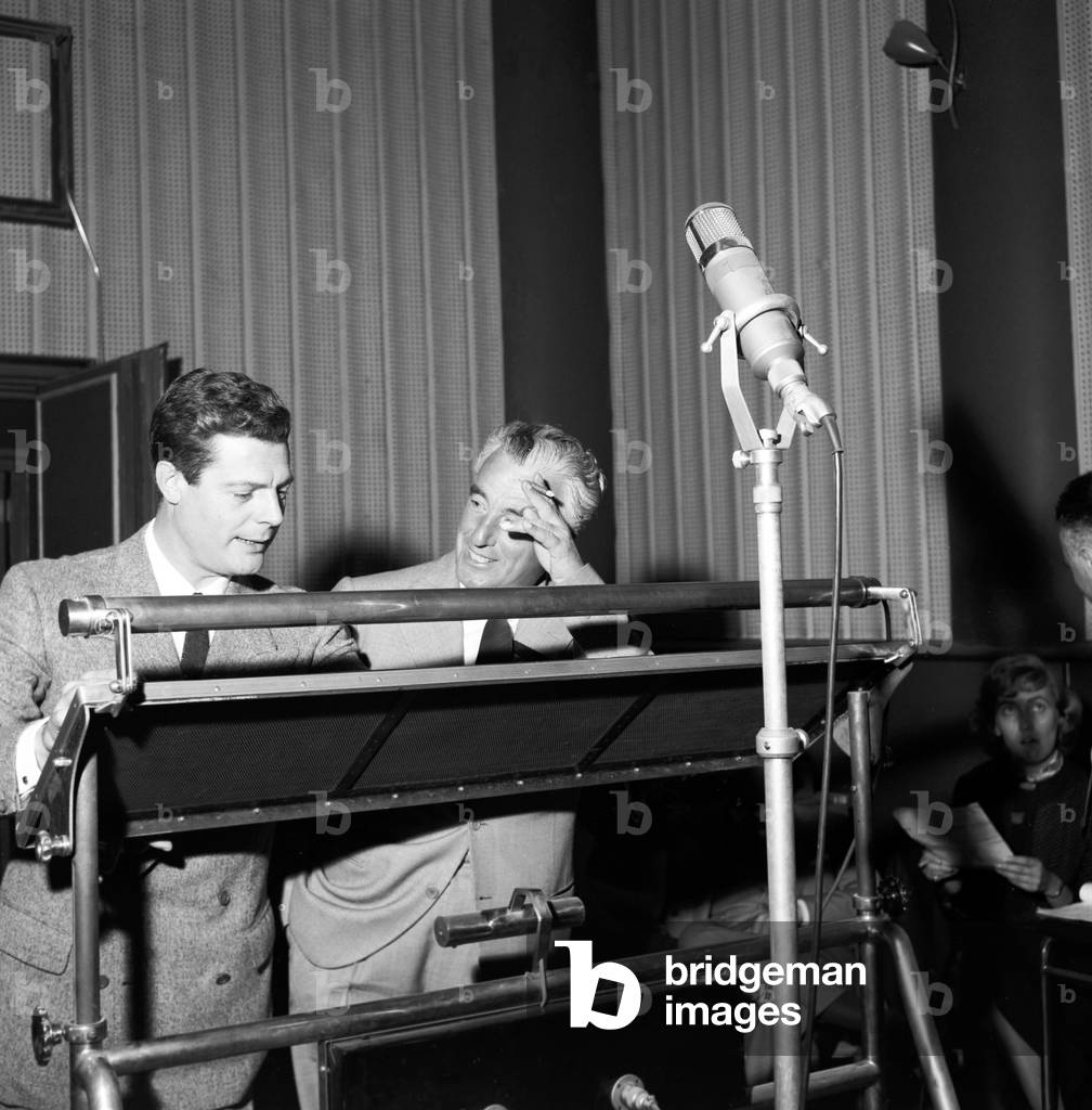 Marcello Mastroianni and Vittorio De Sica dubbing, Italy, 1957 (b/w photo)