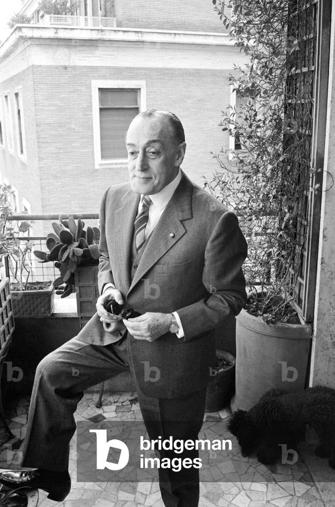 Totò on the balcony, Italy, 1966 (b/w photo)