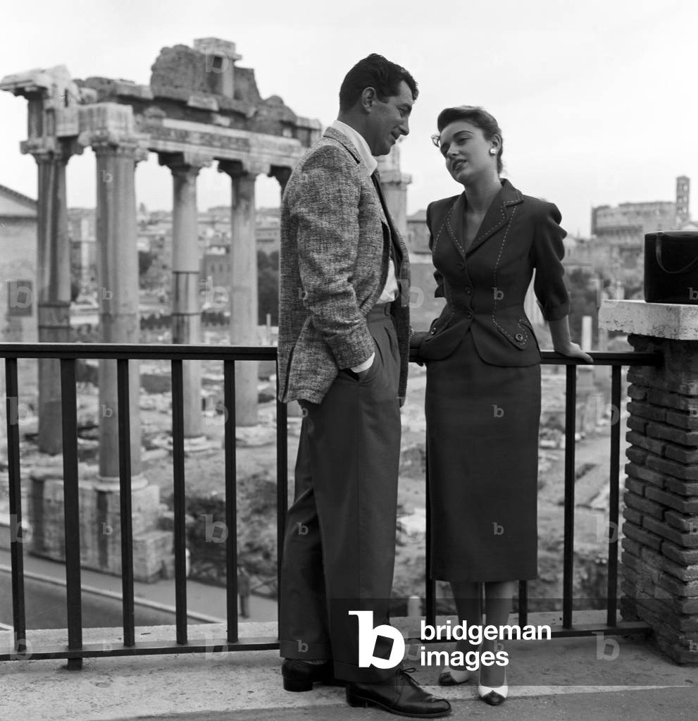 Dean Martin and Anna Maria Alberghetti on the film set of Ten Thousand Bedrooms, Italy, 1956 (b/w photo)