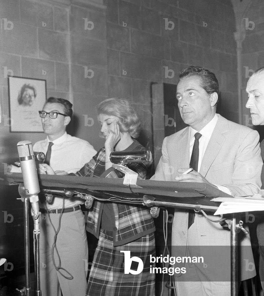 Rossano Brazzi, Anna Proclemer and Giorgio Albertazzi dubbing the film Redhead, Italy, 1962 (b/w photo)