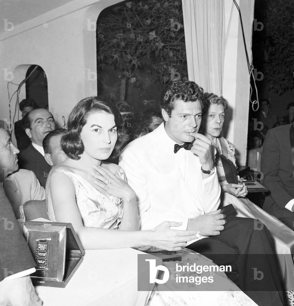 Marcello Mastroianni at the Silver Ribbon award ceremony, Italy, 1955 (b/w photo)