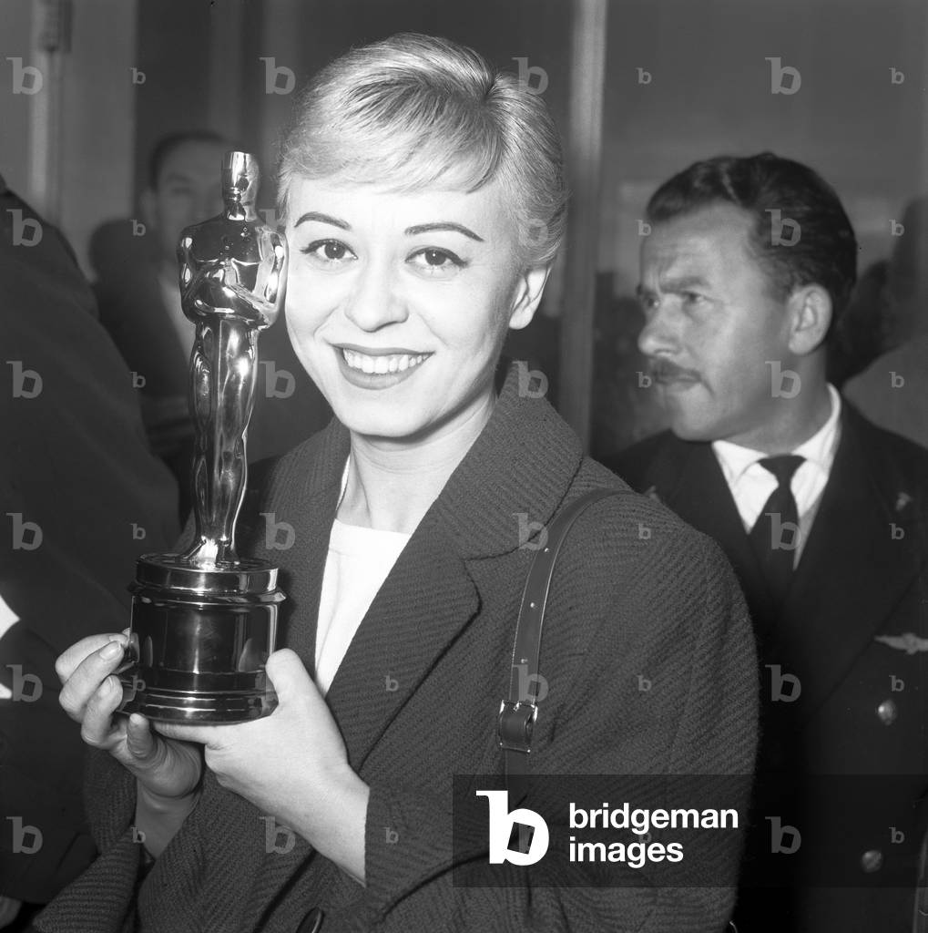 Giulietta Masina with the Academy Award, Italy, 1957 (b/w photo)