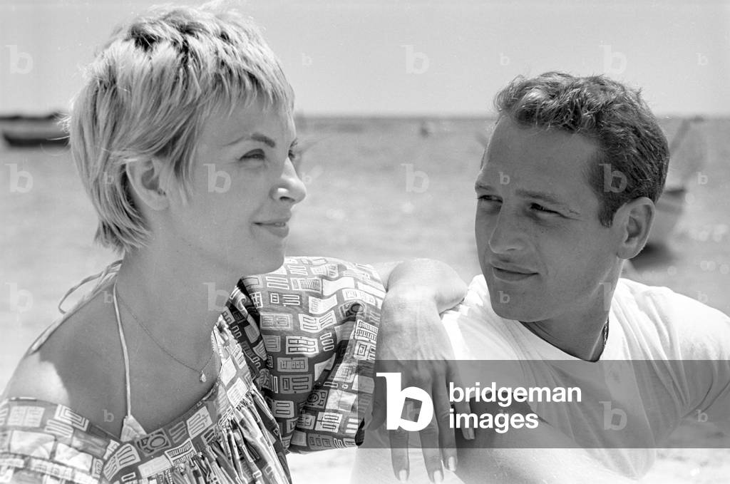 Paul Newman and Joanne Woodward at the beach, Cyprus, 1960 (b/w photo)