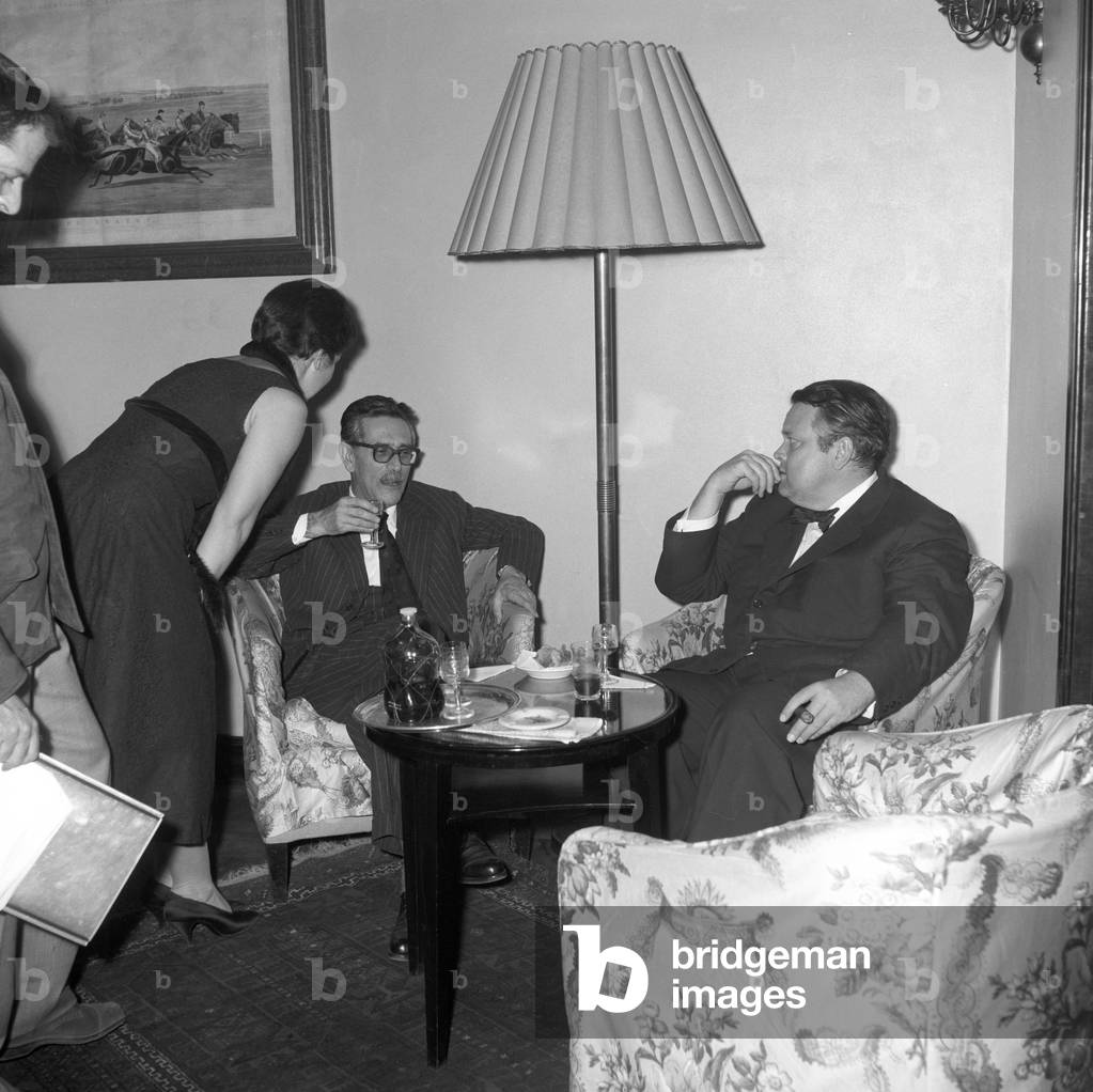 Mario Soldati and Orson Welles at a press conference, Unspecified, 1958 (b/w photo)