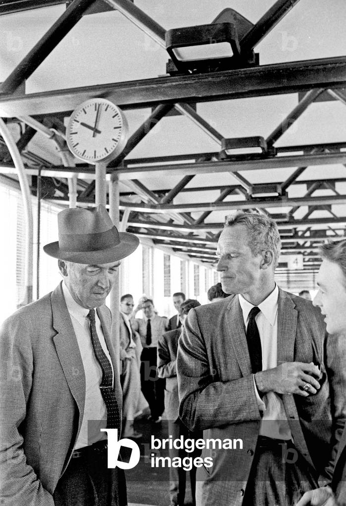 James Stewart and Charlton Heston at Fiumicino Airport, Fiumicino, Italy, 1961 (b/w photo)