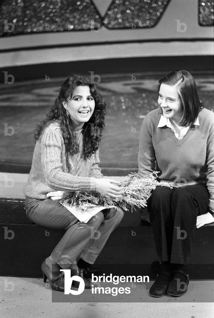 Isabella Rossellini and Roberta Manfredi in a TV studio, Italy, 1981 (b/w photo)