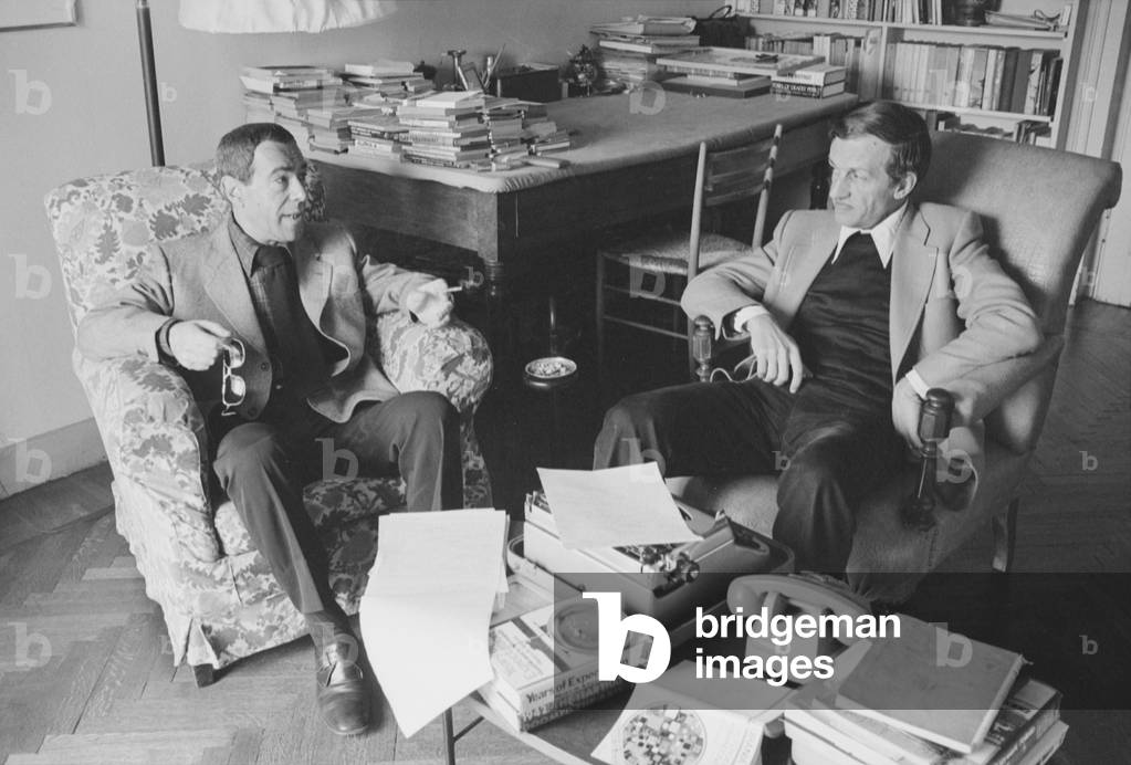 Carlo Fruttero and Franco Lucentini talking, Italy, 1974 (b/w photo)