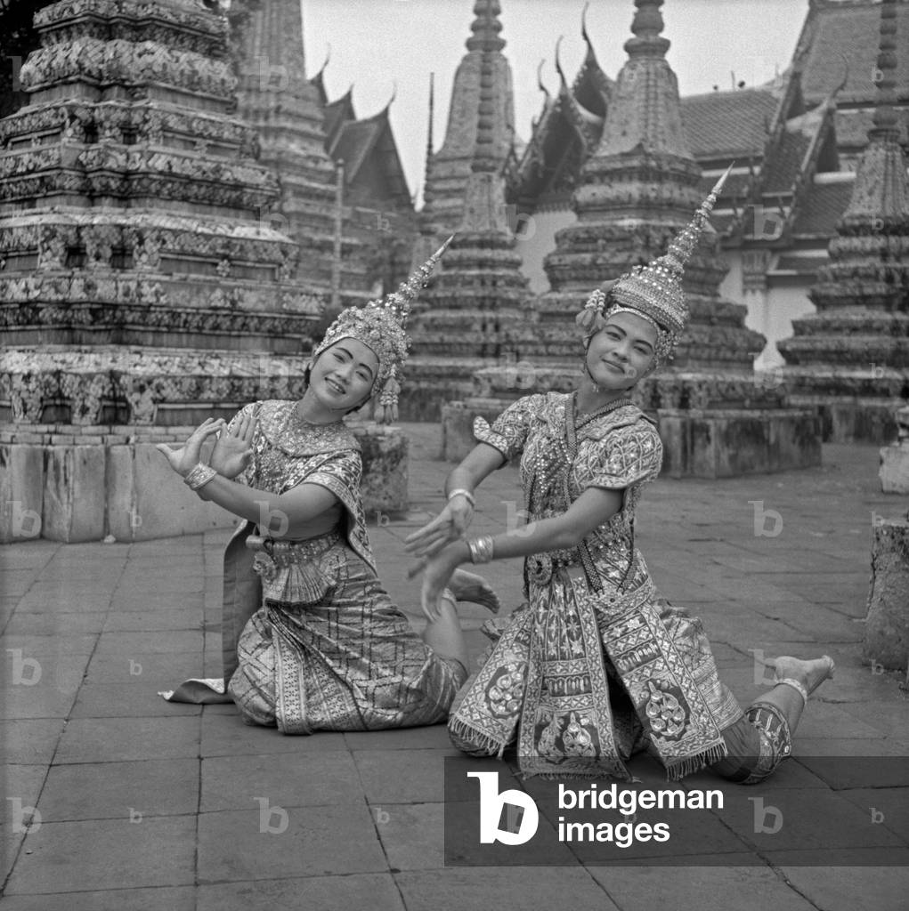 Young Thai artists performing in a traditional dance, Bangkok, 1961 (b/w photo)