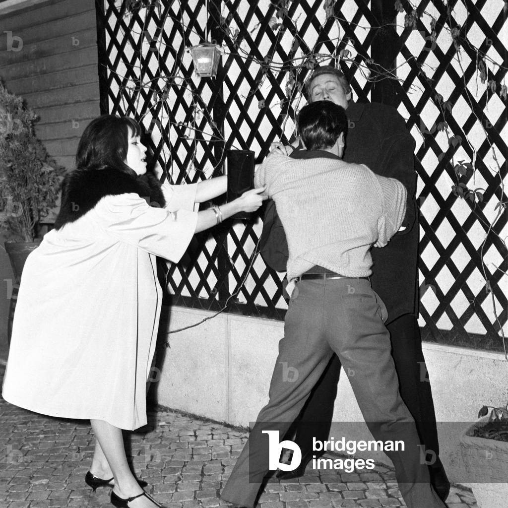 Amanda Lear and Gianfranco Piacentini having a fight, Italy, 1959 (b/w photo)