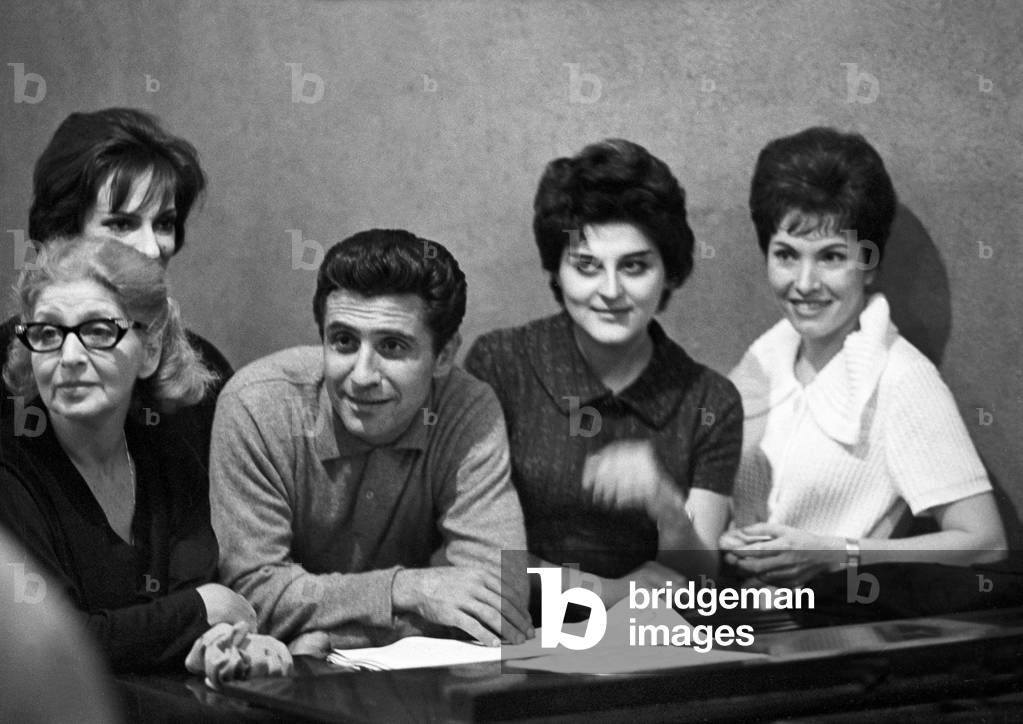 Rossana Cartieri and Gilbert Becaud during the rehearsal of L'Opera d'Aran, France, 1962 (b/w photo)