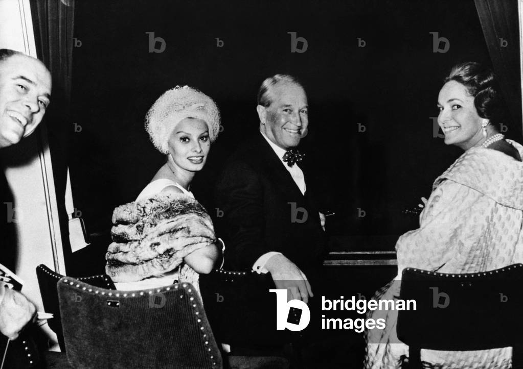 Carlo Ponti and Sophia Loren at the theatre, Austria, 1960 (b/w photo)