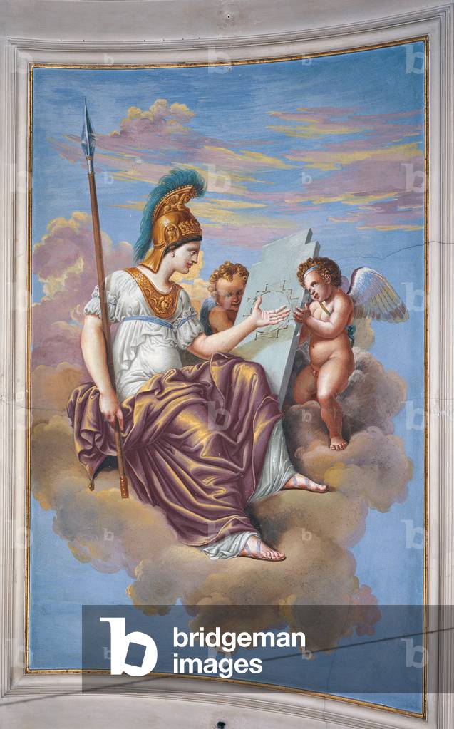 Allegory of Architecture - or Minerva (Allegoria dell'Architettura - o Minerva) inviting to look at a tablet, raised by puttoes, with the plan of a house, by Comerio Agostino, 1815 - 1819, 19th Century, fresco