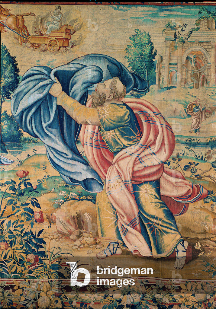 Elijah and Elisha's Stories. Elisha picks Elijah's mantel, as he is taken up to Heaven, by Bruxelles Manifacture, 1560 - 1565, 16th century, tapestry