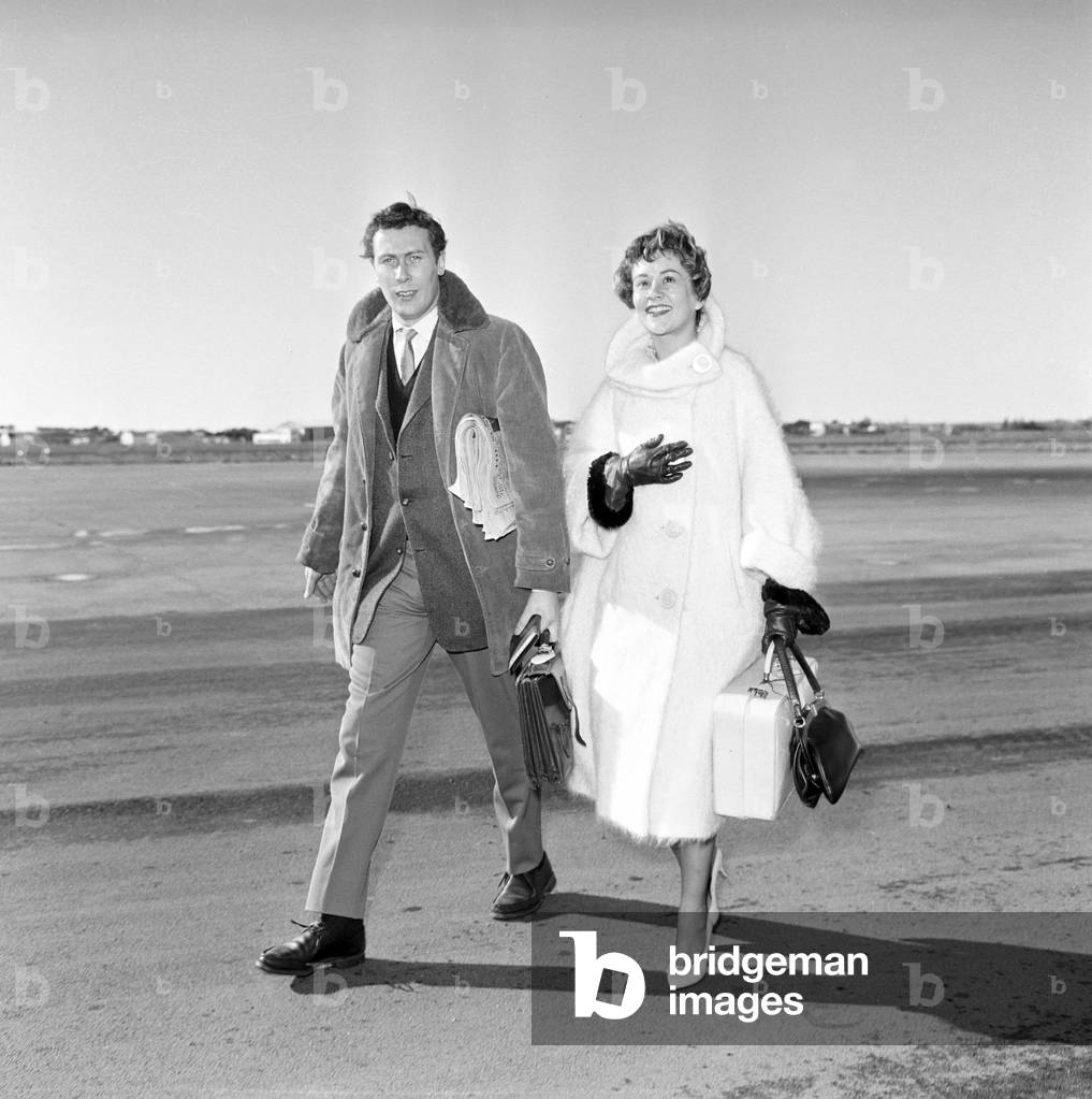 John Osborne and Joan Plowright at Club theater, Italy, 1959 (b/w photo)