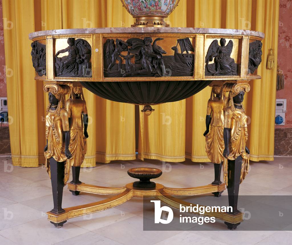 Table (Tavolo), by Sicilian Manufacture, 1810 - 1820, 19th Century, carved, painted and gilded wood, marble top, 93 x 107 x 81 cm