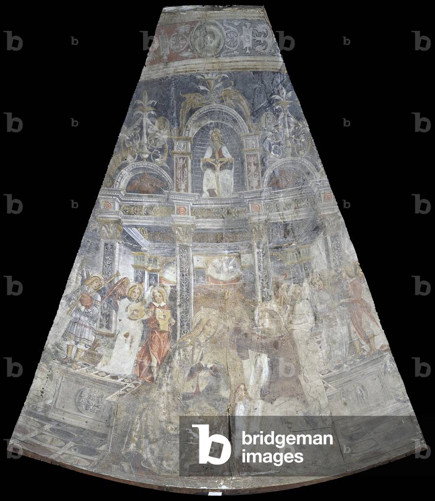 Incoronation of the Virgin among playing Angels; Trinity, by Unknown Artist, 15th Century, torn fresco