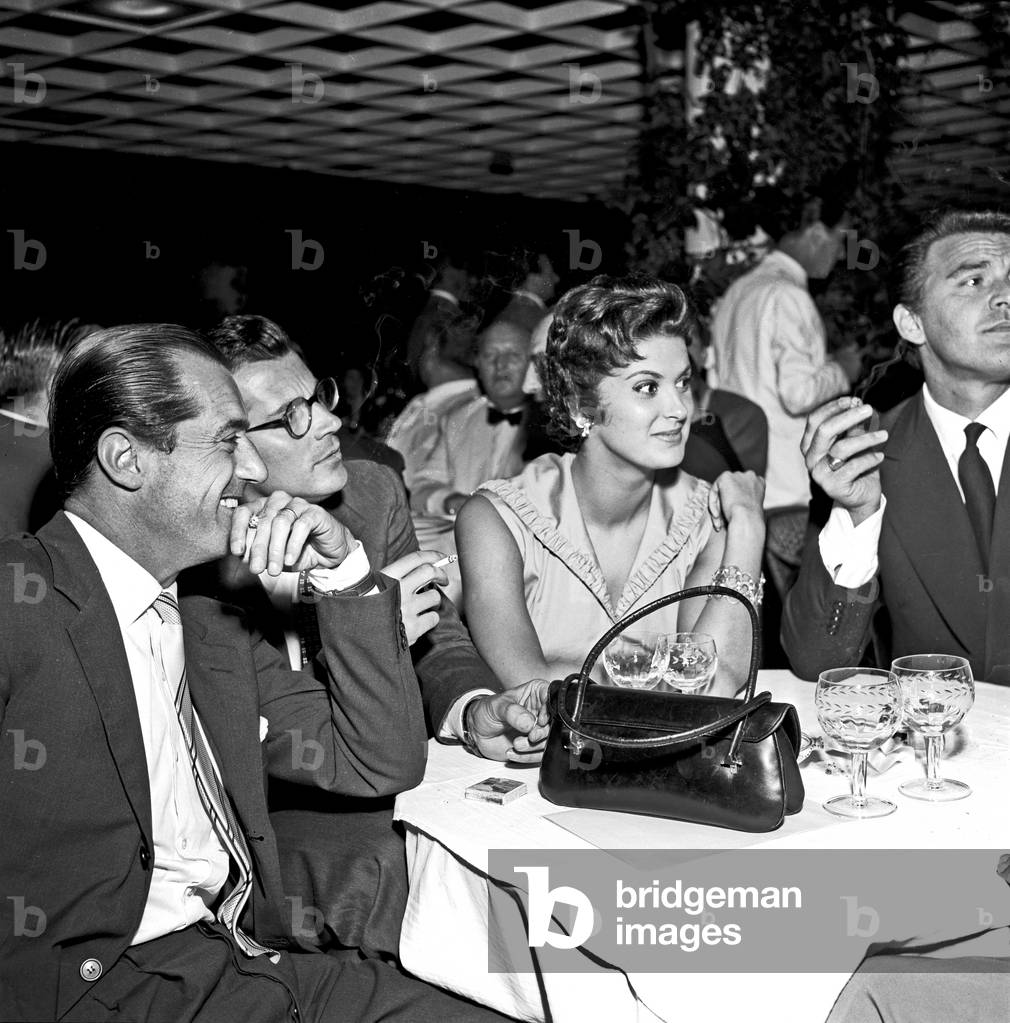 Irène Tunc, Franco Fabrizi and Gabriele Ferzetti at the Nastro d'Argento Awards, Rome, Italy, 1954 (b/w photo)