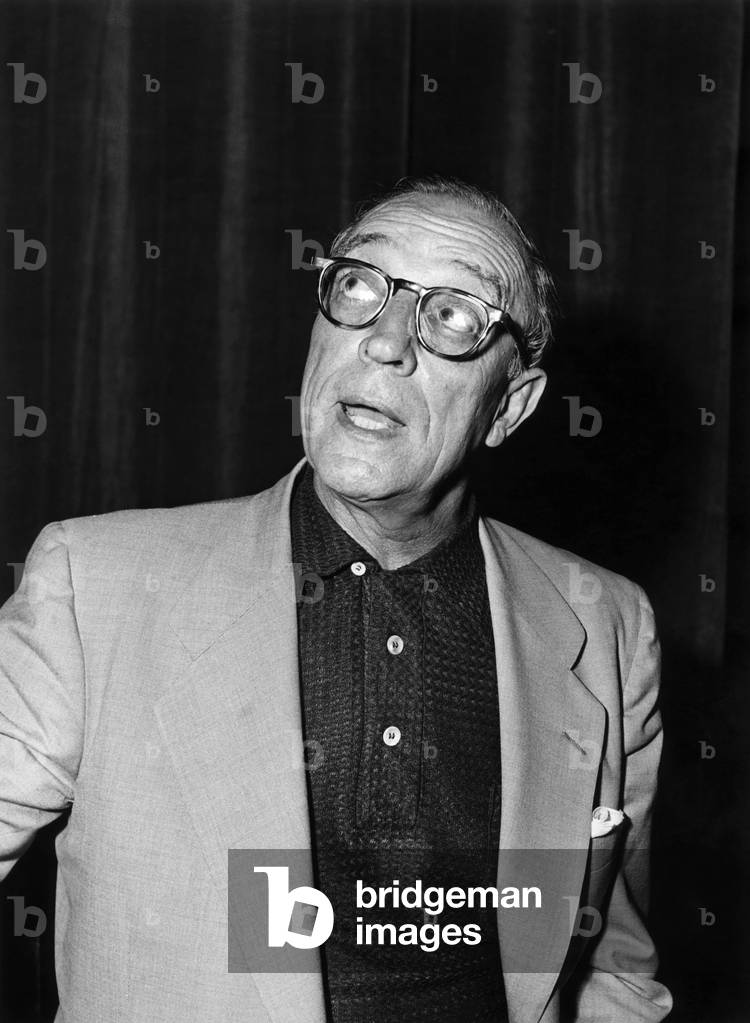Portrait of American actor and director Buster Keaton, Milan, Italy, 1953 (b/w photo)