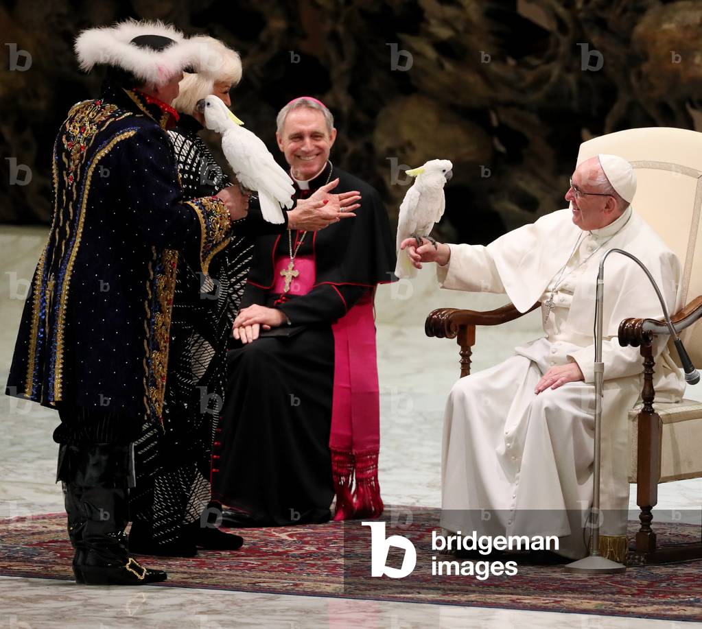 Pope Francis (Jorge Mario Bergoglio) attending to an exhibition of Liana Orfei's Golden Circus during the General Audience in Paul VI Audience Hall, Vatican City, 28th December 2016 (b/w photo)
