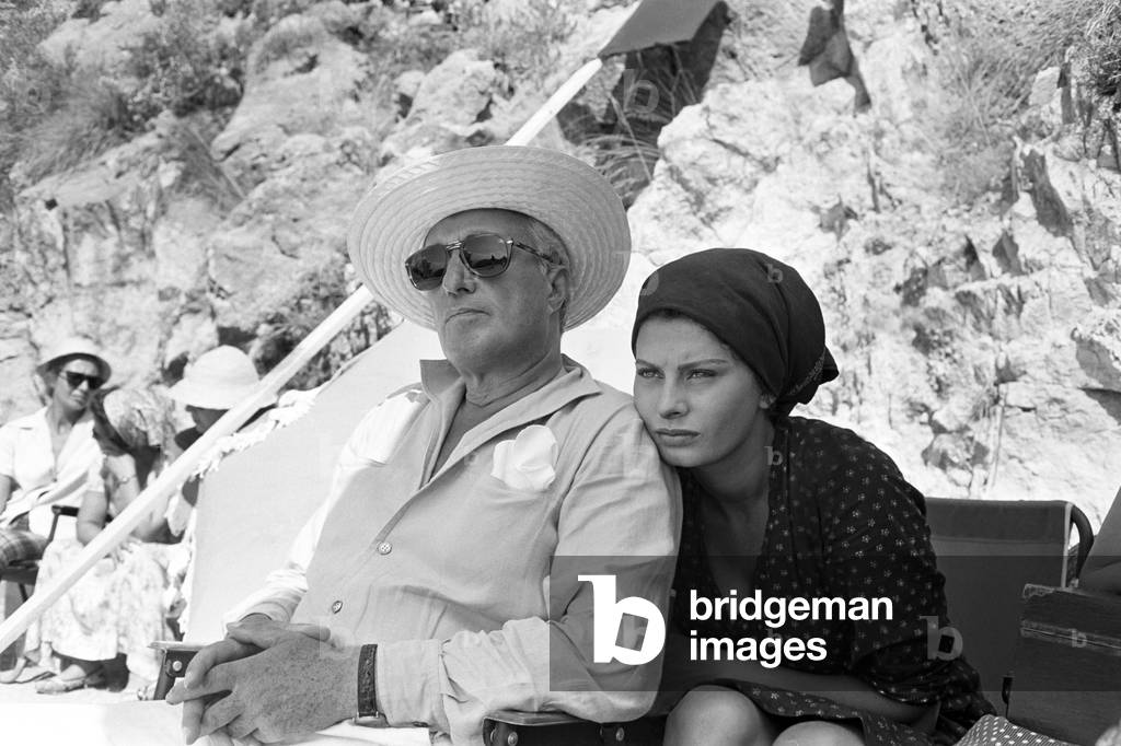 Vittorio De Sica and Sophia Loren on the set of Two Women, Italy, 1960 (b/w photo)