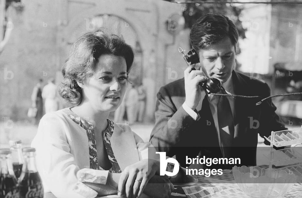 Marcello Mastroianni and Jeanne Moreau on the set of La notte, Italy, 1960 (b/w photo)
