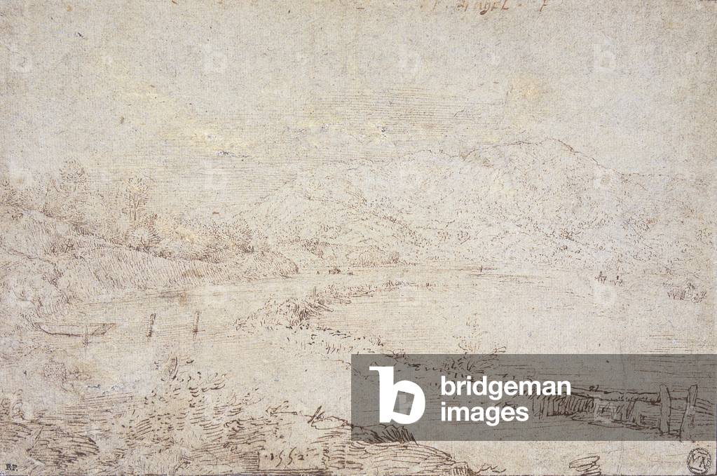 River Landscape, by Anonymous artist, 1552, 16th century, pen and brown ink on paper colored in blue.