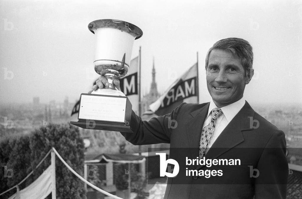 Walter Bonatti with a prize, 1970 (b/w photo)