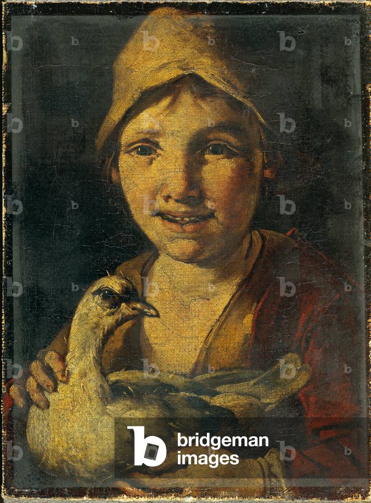 Young Farmer with Fowl, probably by Giacomo Francesco Cipper also called Todeschini, ca. 1700 - 1736, 18th Century, oil on canvas applied on cardboard, 22,5 x 17 cm